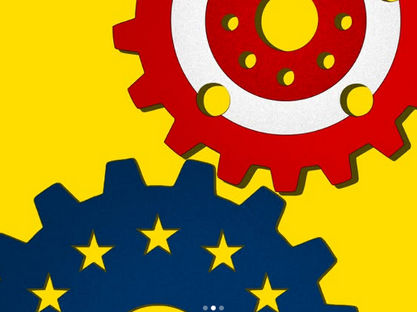 KI generiert: Das Bild zeigt zwei ineinandergreifende Zahnräder auf gelbem Hintergrund, eines in Blau mit Sternen und das andere in Rot mit Kreisen. Der Kontrast zwischen den Farben sorgt für eine dynamische visuelle Wirkung.