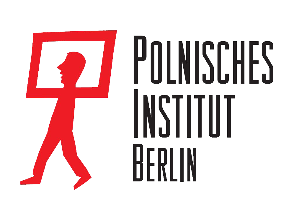KI generiert: Das Bild zeigt das Logo des Polnischen Instituts Berlin. Es besteht aus einer stilisierten roten Figur, die einen Rahmen trägt, neben dem Schriftzug des Instituts.